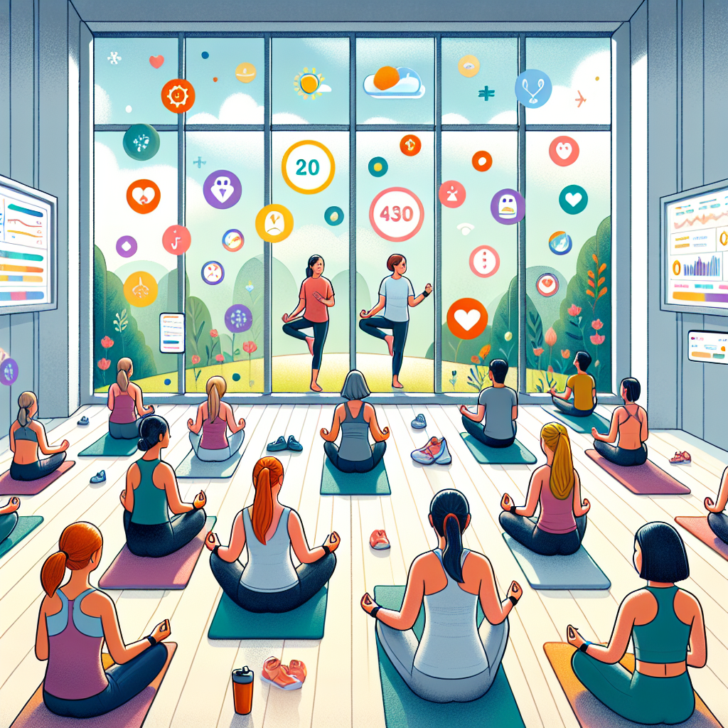 Illustration of Yoga pose in nature in a Fitness class studio setting, with a inspired mood.