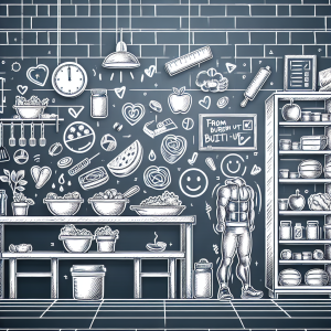 Illustration of Meal prep on kitchen counter in a Locker room setting, with a happy mood.