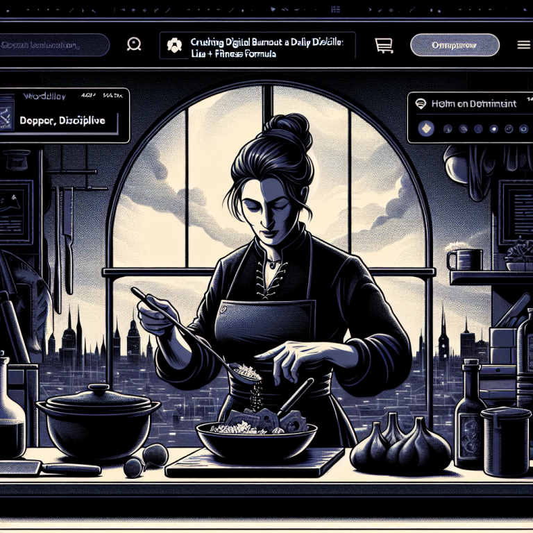 Illustration of Meal prep on kitchen counter in a Cityscape skyline setting, with a determined mood.