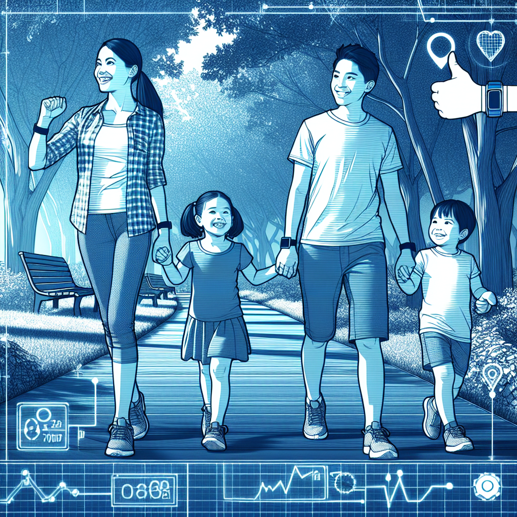 Illustration of Family on a walk in a Park with trees setting, with a happy mood.