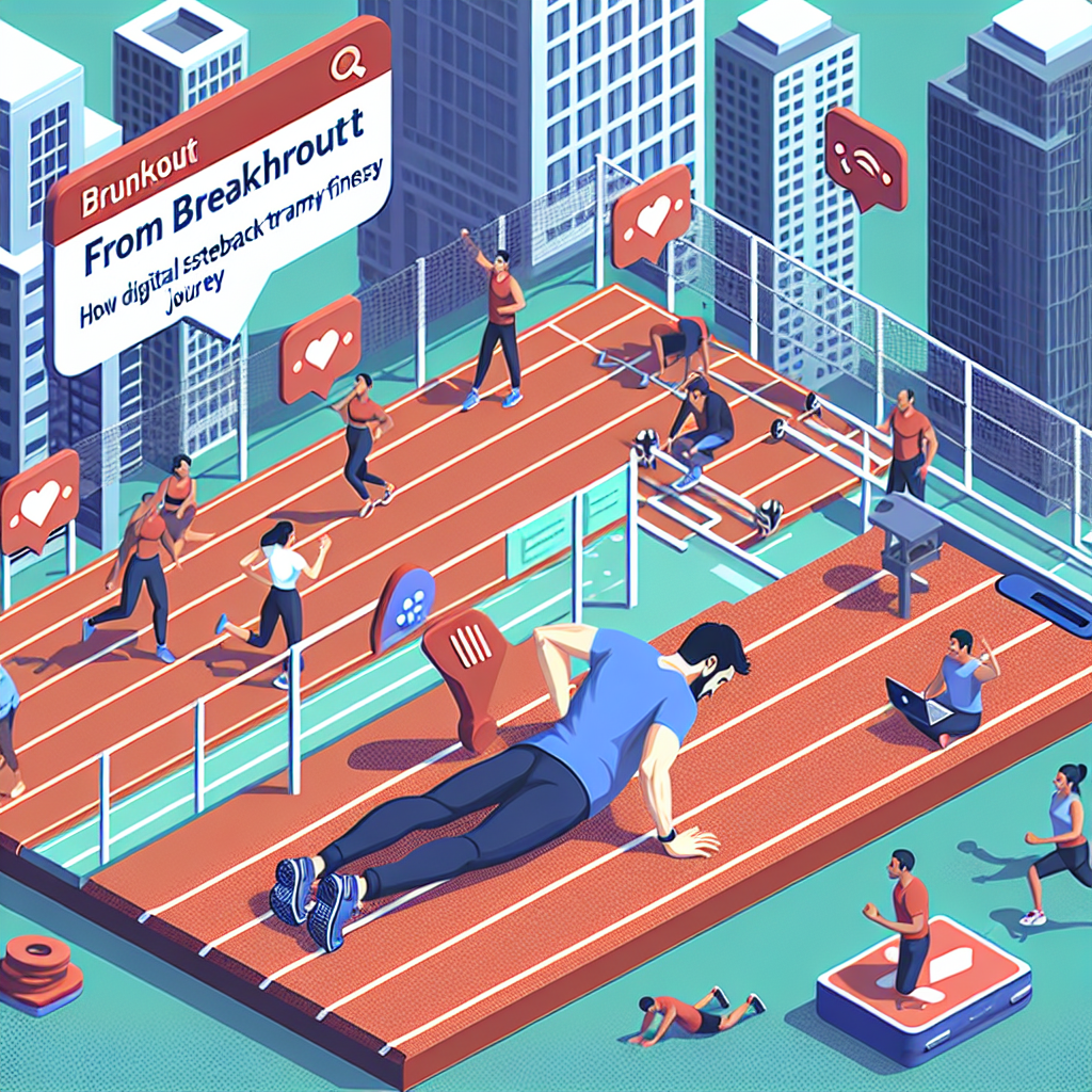 Illustration of Busy professional doing pushups in a Urban running track setting, with a relaxed mood.