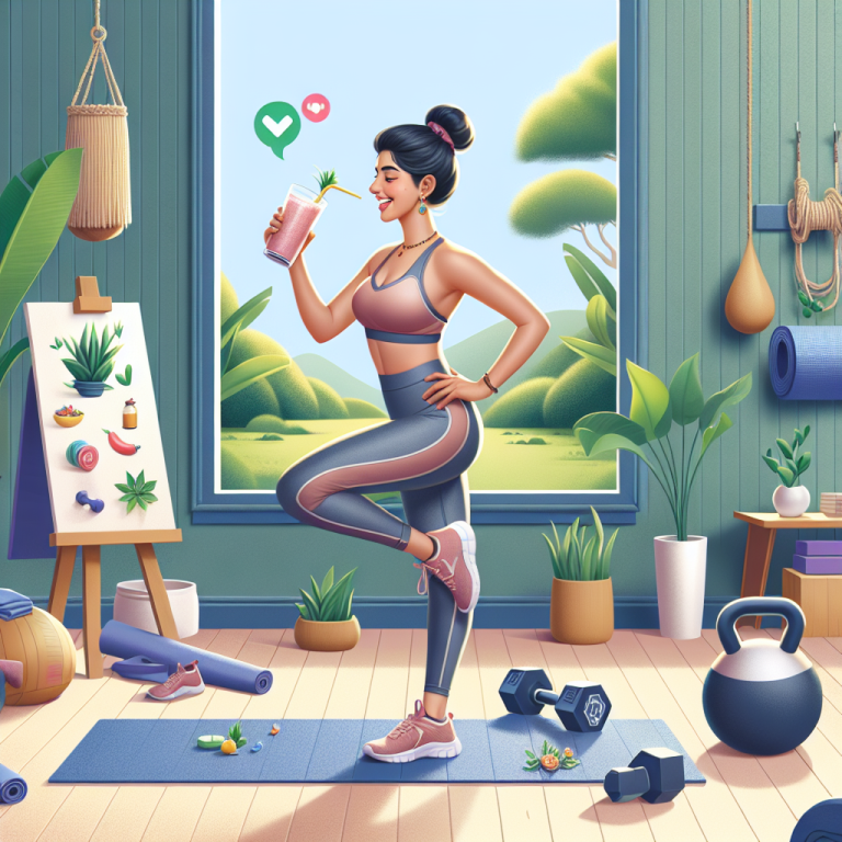 Illustration of Athlete drinking smoothie in a Wellness retreat setting setting, with a happy mood.