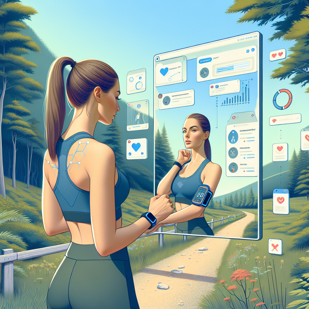 Illustration of Athlete checking mirror form in a Outdoor trail setting, with a focused mood.
