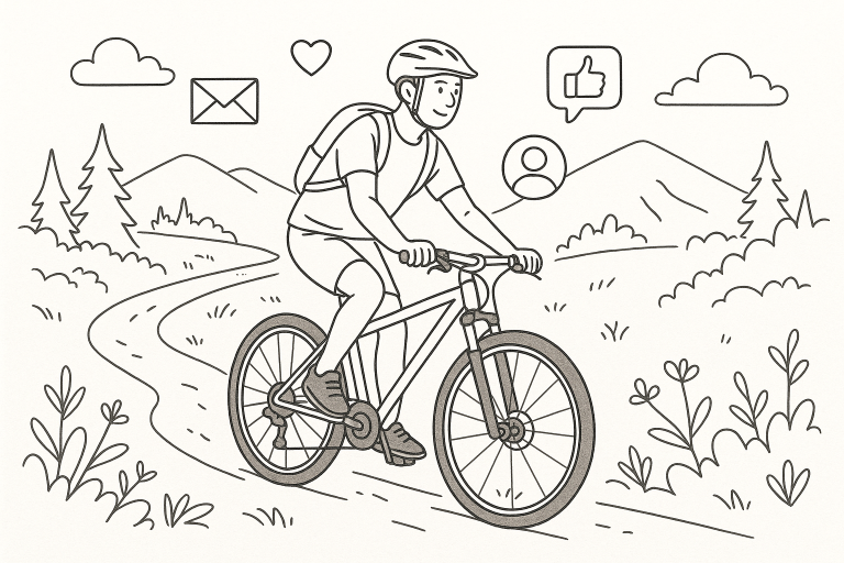 Illustration of Cyclist on a trail in a Outdoor trail setting, with a relaxed mood.
