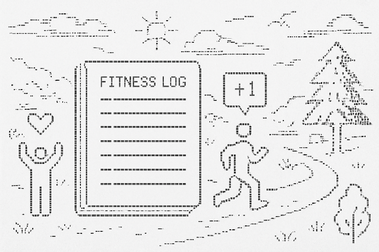 Illustration of Fitness journal entry in a Outdoor trail setting, with a inspired mood.