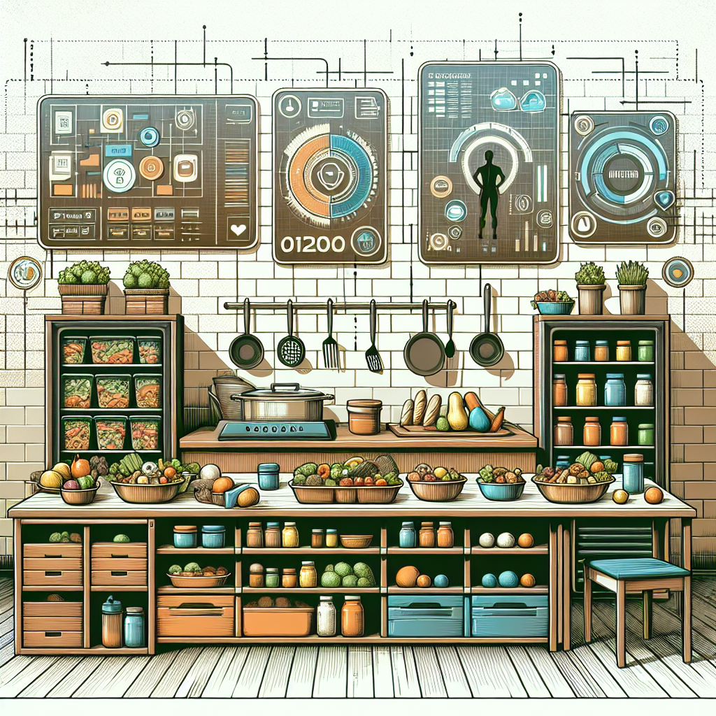 Illustration of Meal prep on kitchen counter in a Minimalist home gym setting, with a focused mood.