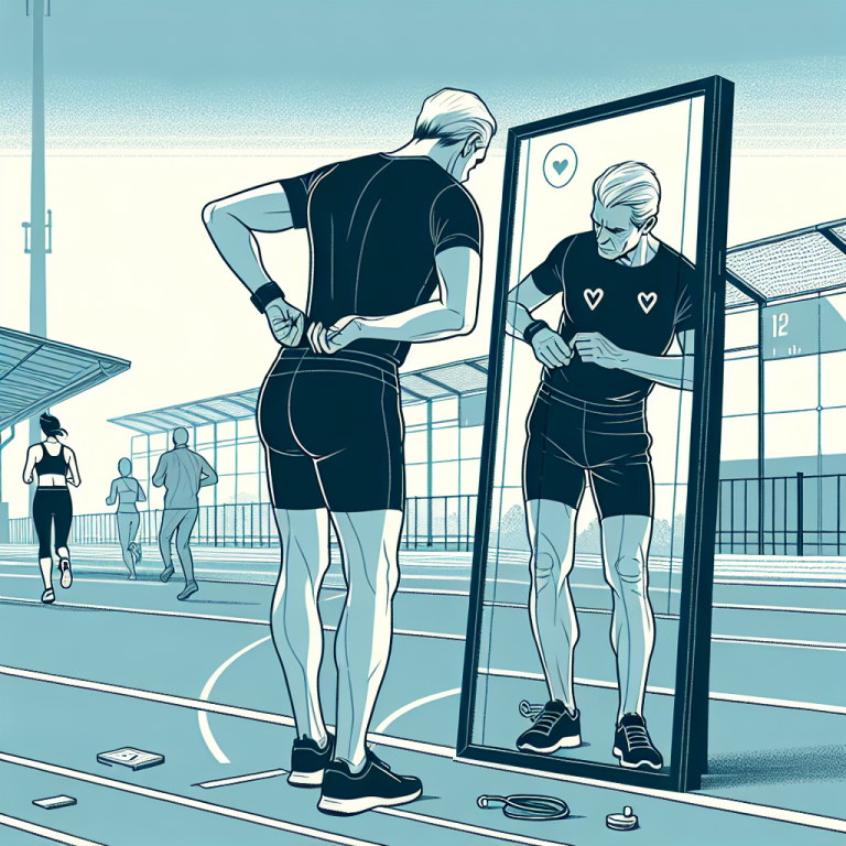 Illustration of Athlete checking mirror form in a Urban running track setting, with a inspired mood.