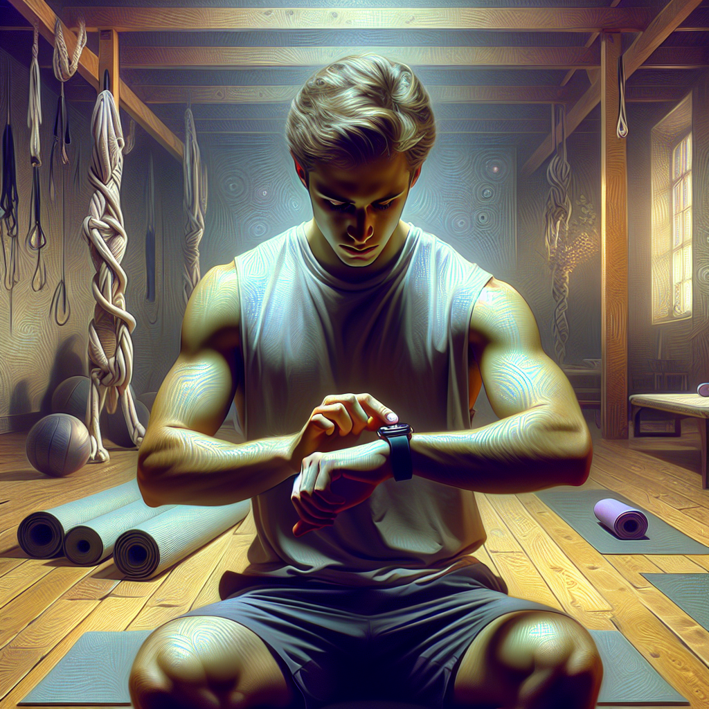 Illustration of Person tracking progress on smartwatch in a Yoga studio setting, with a focused mood.