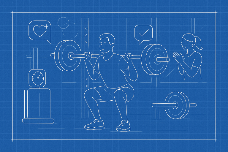 Illustration of Person lifting weights in a Gym interior setting, with a focused mood.