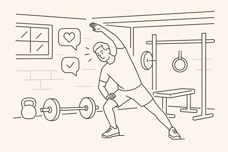 Illustration of Stretching before workout in a Garage gym setup setting, with a inspired mood.