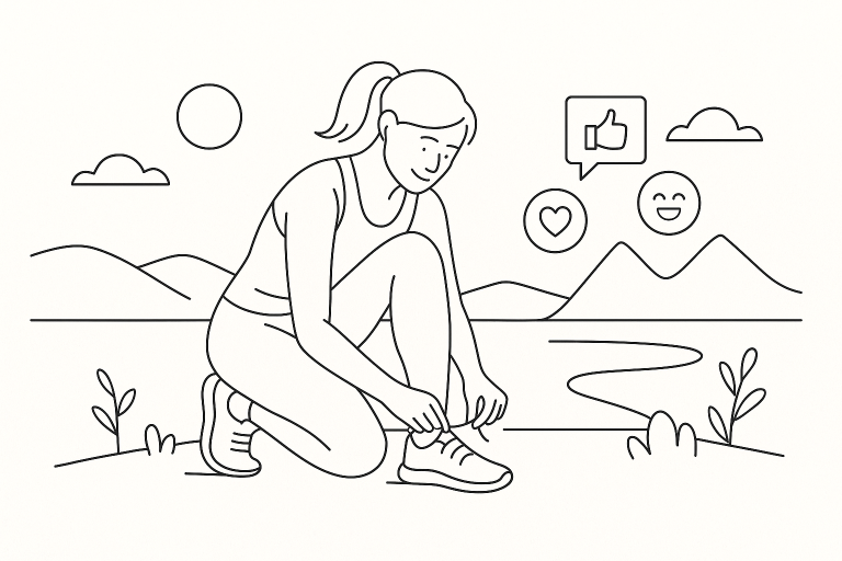 Illustration of Runner tying shoes in a Scenic viewpoint setting, with a happy mood.