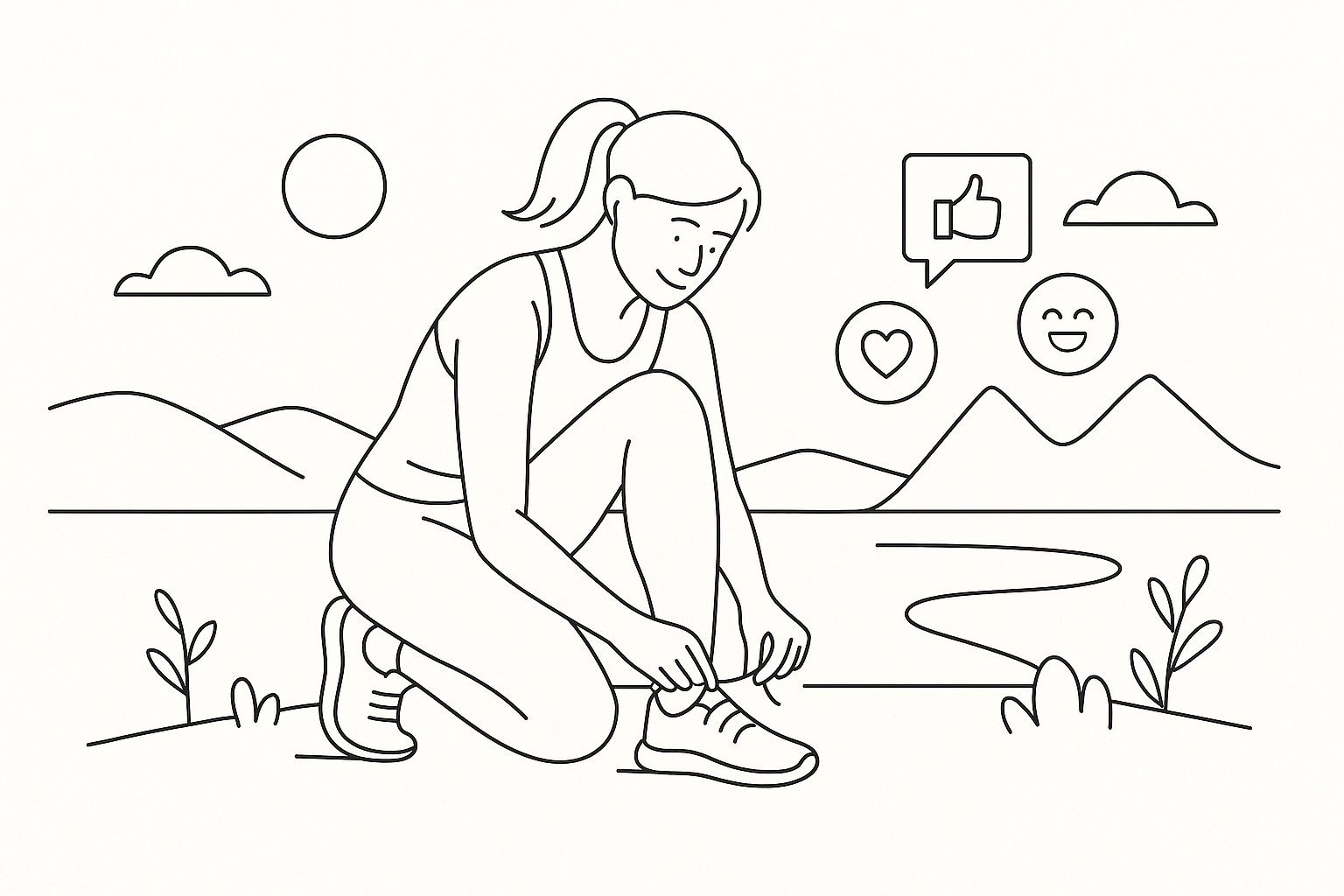 Illustration of Runner tying shoes in a Scenic viewpoint setting, with a happy mood.