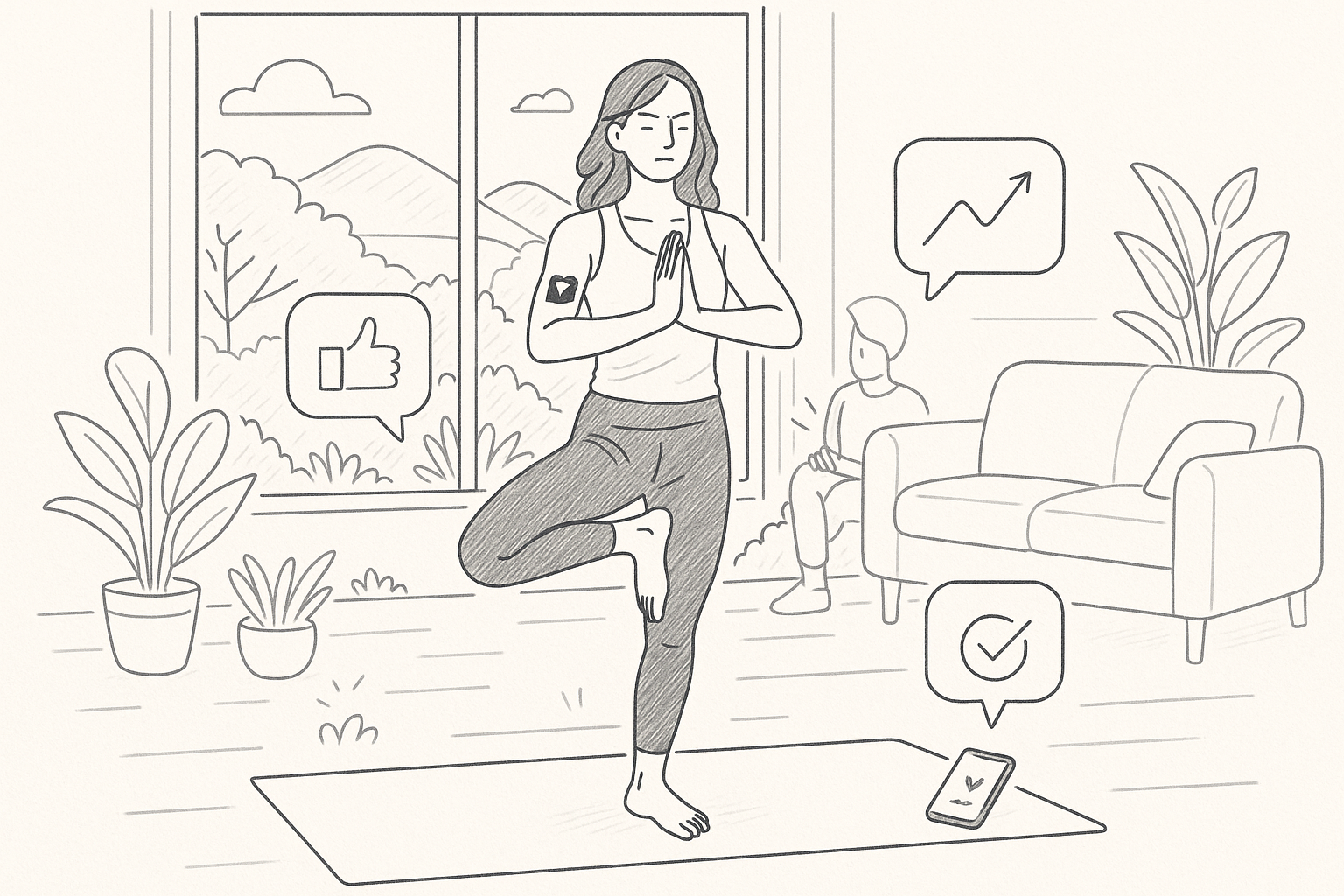 Illustration of Yoga pose in nature in a Home workout space setting, with a determined mood.
