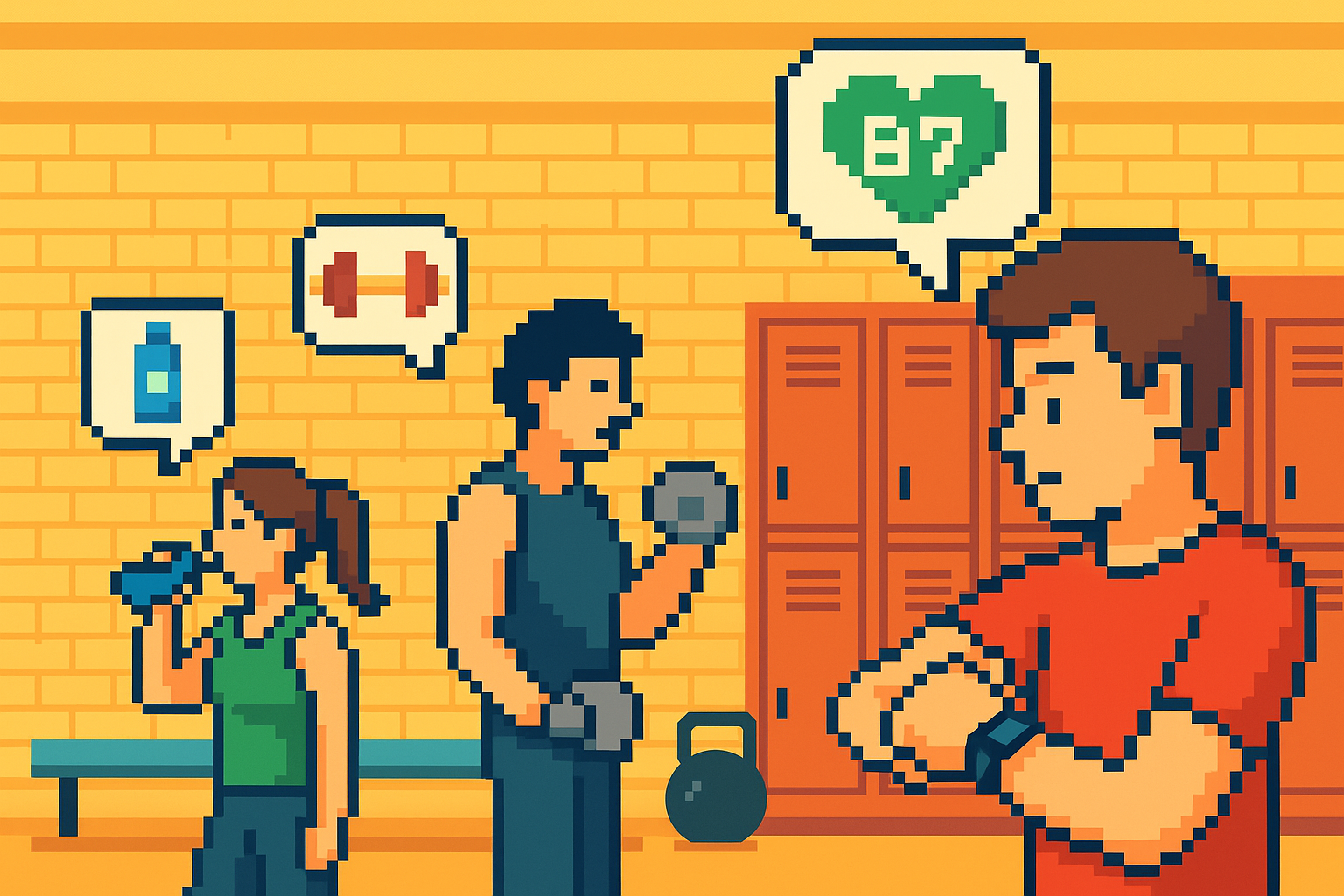 Illustration of Person tracking progress on smartwatch in a Locker room setting, with a focused mood.