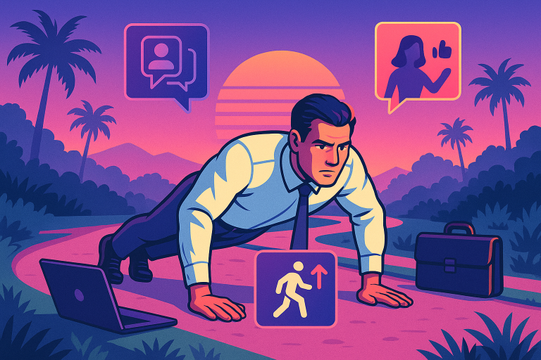 Illustration of Busy professional doing pushups in a Outdoor trail setting, with a focused mood.