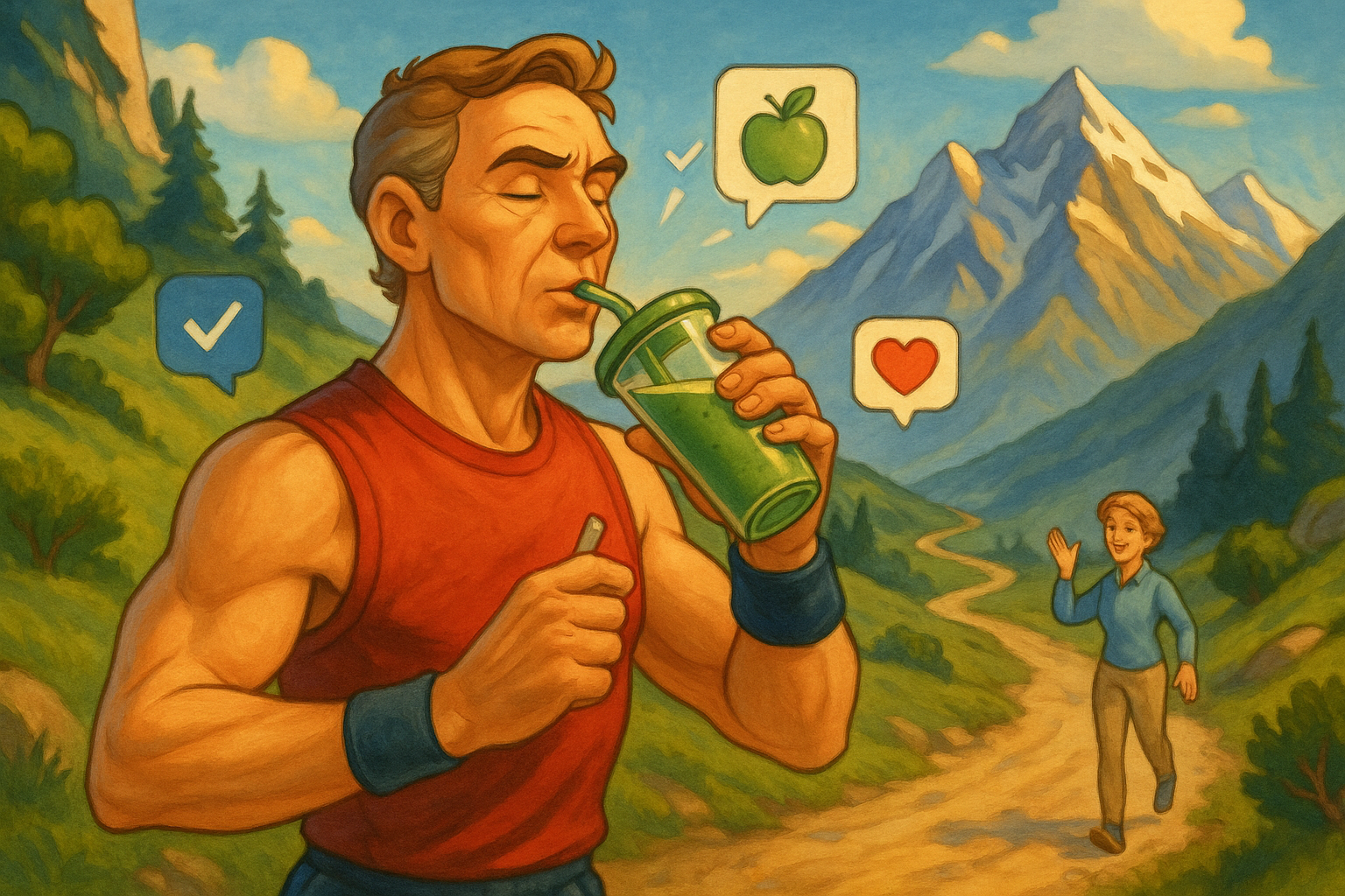 Illustration of Athlete drinking smoothie in a Mountain path setting, with a determined mood.