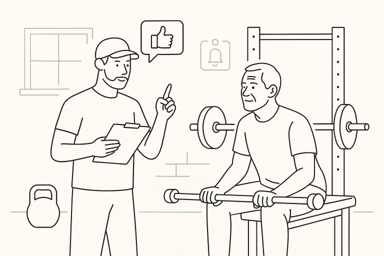 Illustration of Trainer giving advice in a Garage gym setup setting, with a determined mood.
