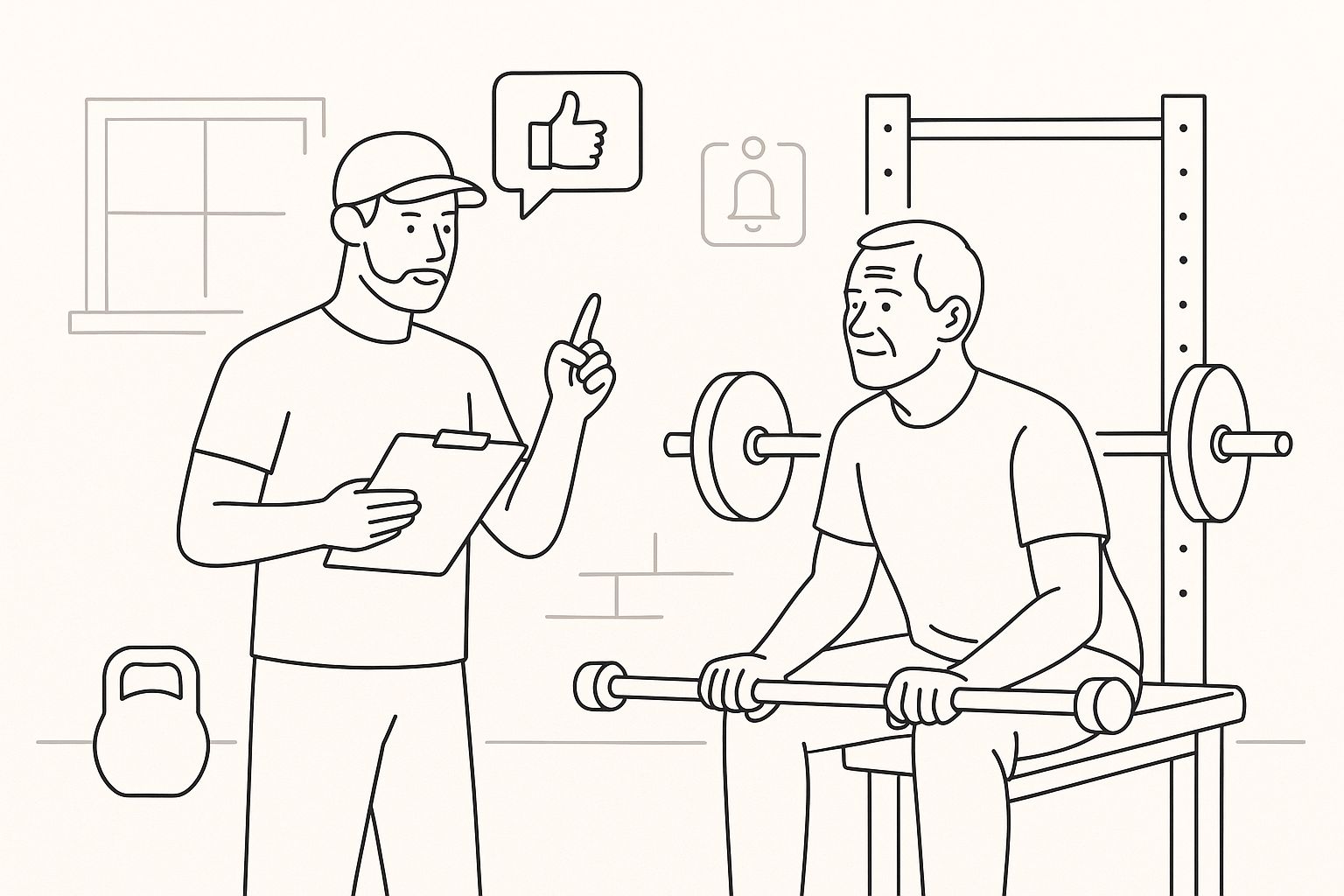 Illustration of Trainer giving advice in a Garage gym setup setting, with a determined mood.