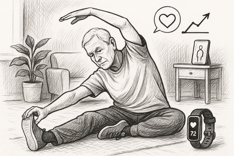 Illustration of Senior doing mobility exercise in a Home workout space setting, with a focused mood.