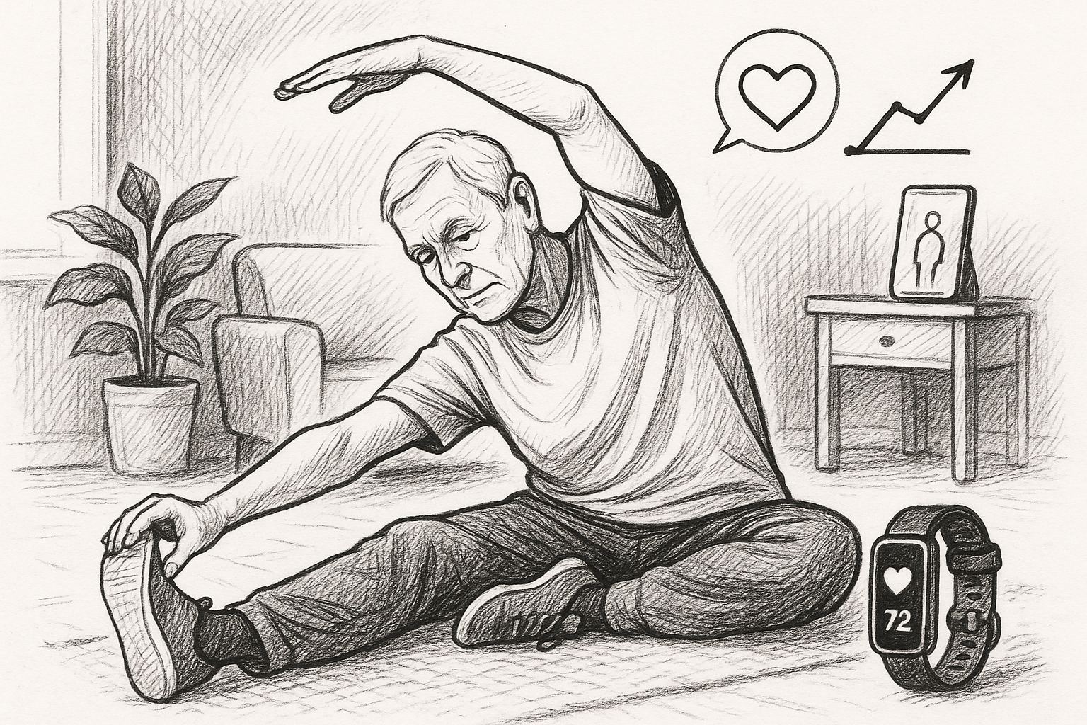Illustration of Senior doing mobility exercise in a Home workout space setting, with a focused mood.