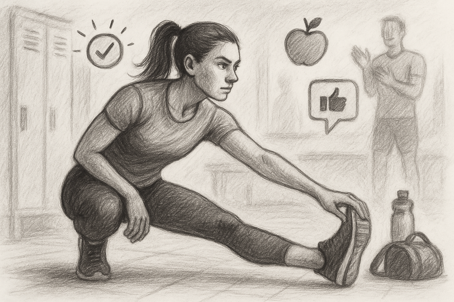 Illustration of Stretching before workout in a Locker room setting, with a determined mood.