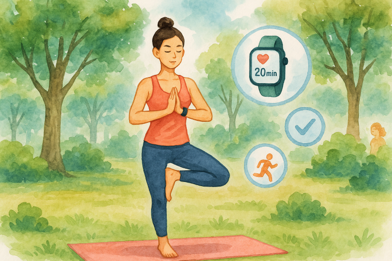 Illustration of Yoga pose in nature in a Park with trees setting, with a focused mood.