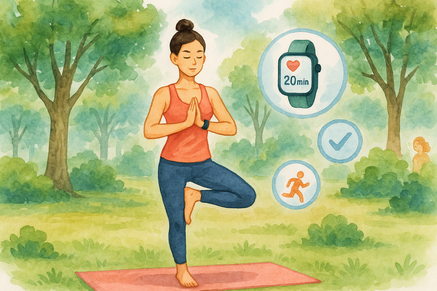 Illustration of Yoga pose in nature in a Park with trees setting, with a focused mood.