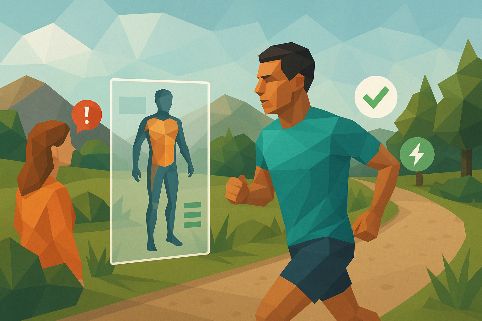 Illustration of Body composition scan in a Outdoor trail setting, with a focused mood.