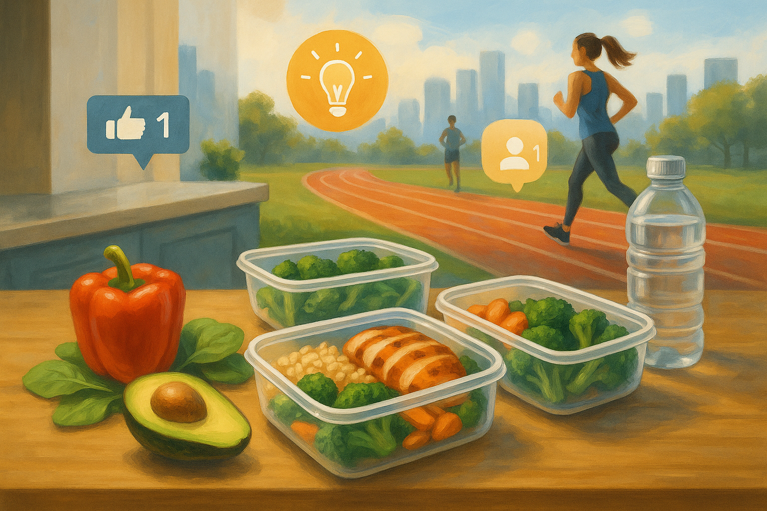 Illustration of Meal prep on kitchen counter in a Urban running track setting, with a inspired mood.