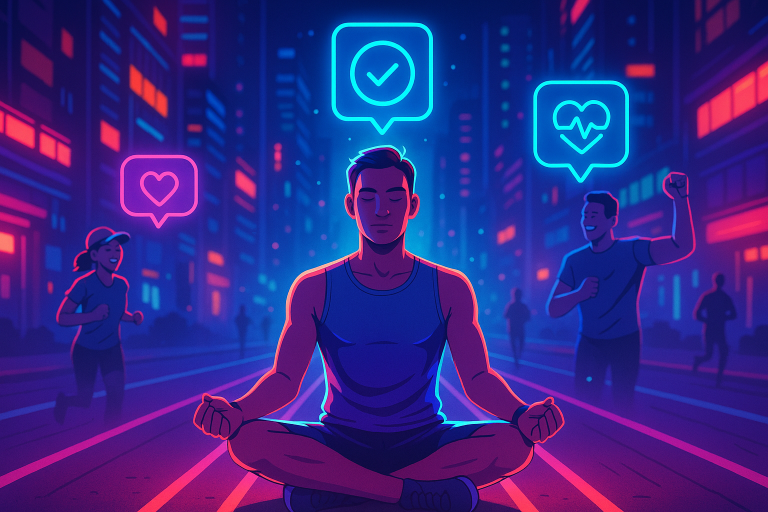 Illustration of Person meditating in a Urban running track setting, with a inspired mood.
