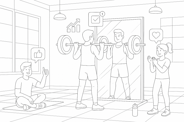 Illustration of Athlete checking mirror form in a Fitness class studio setting, with a happy mood.