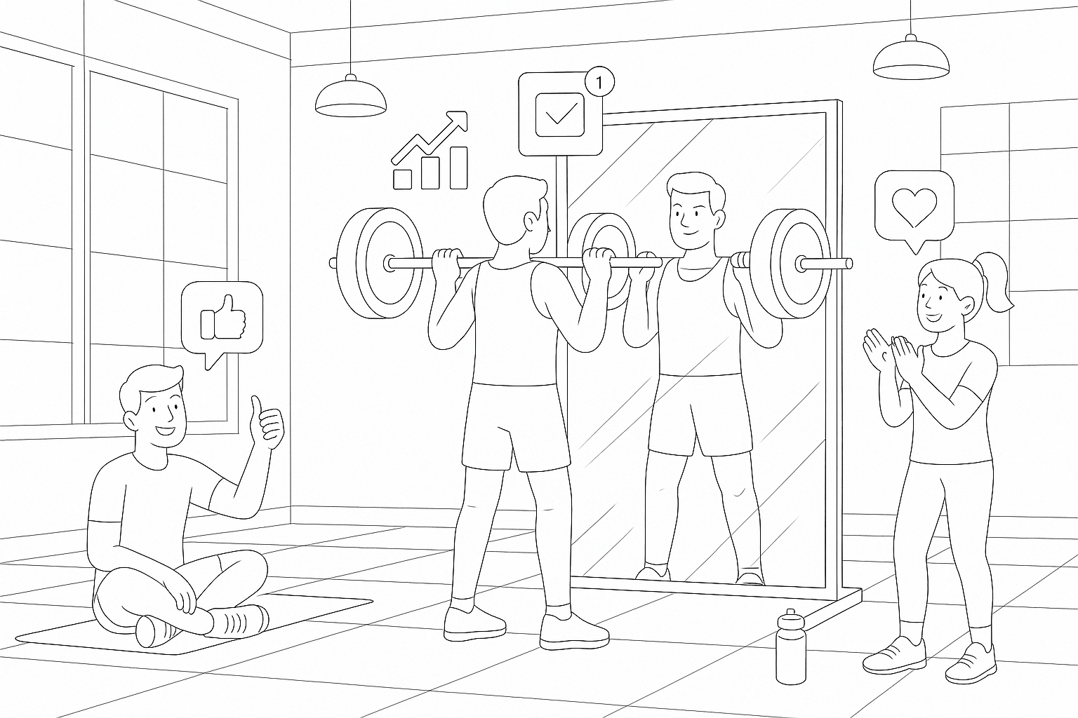 Illustration of Athlete checking mirror form in a Fitness class studio setting, with a happy mood.