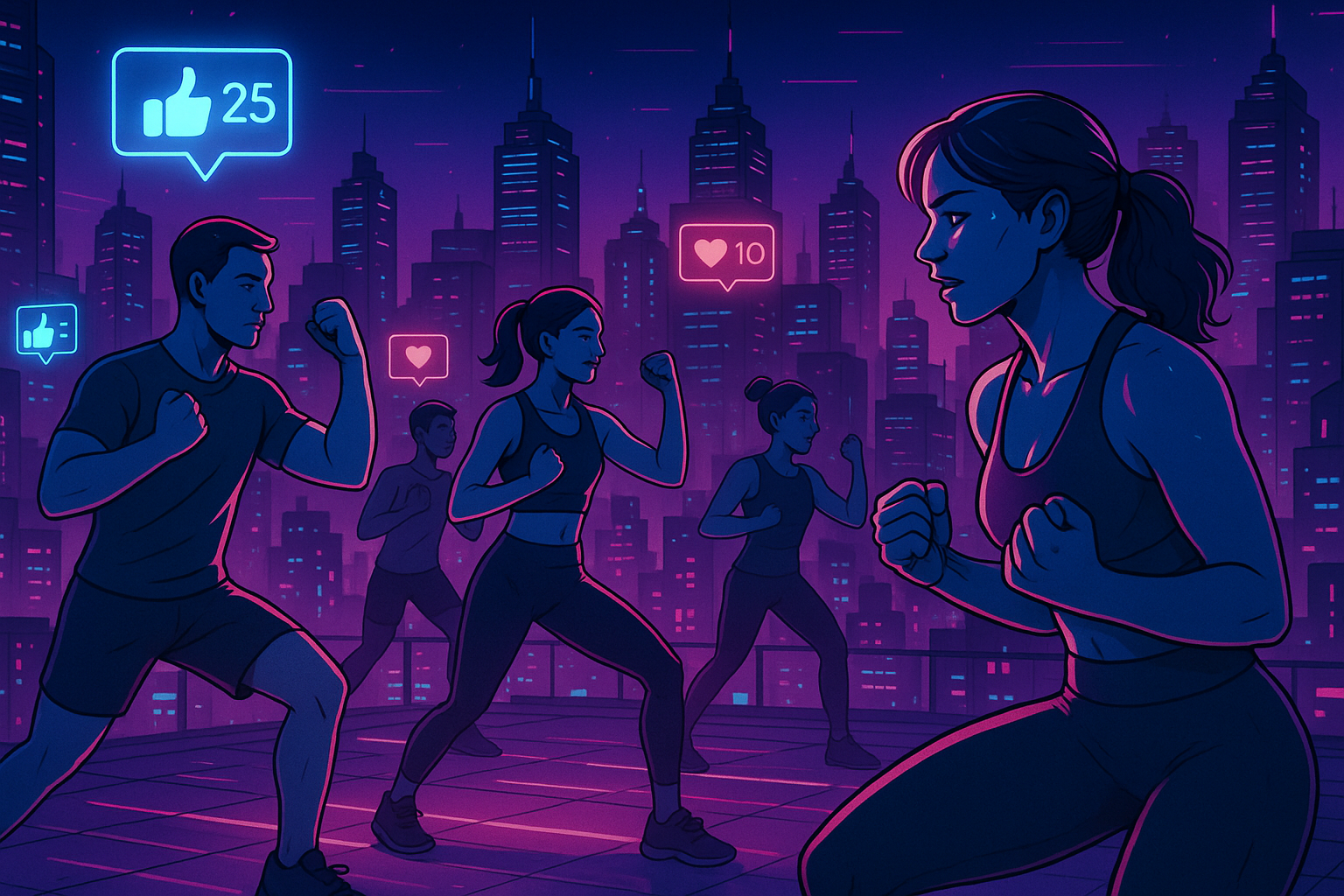 Illustration of Group fitness class in a Cityscape skyline setting, with a determined mood.