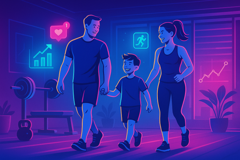 Illustration of Family on a walk in a Home workout space setting, with a inspired mood.