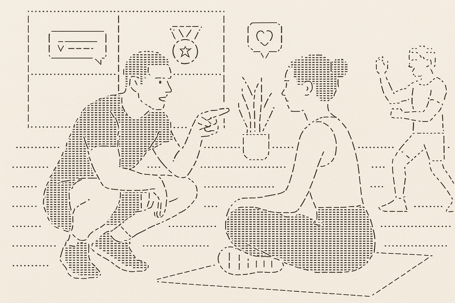 Illustration of Trainer giving advice in a Fitness class studio setting, with a determined mood.