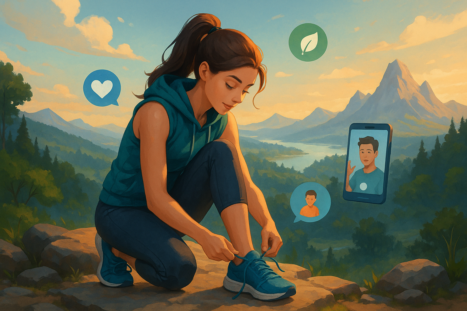 Illustration of Runner tying shoes in a Scenic viewpoint setting, with a relaxed mood.