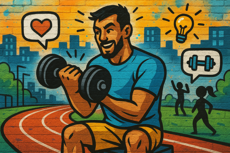 Illustration of Person lifting weights in a Urban running track setting, with a inspired mood.