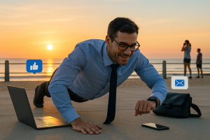 Illustration of Busy professional doing pushups in a Beachfront sunrise setting, with a relaxed mood.