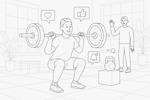 Illustration of Person lifting weights in a Wellness retreat setting setting, with a happy mood.