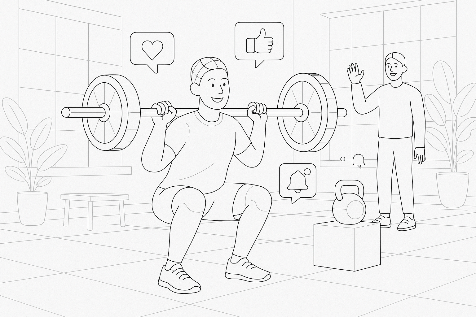 Illustration of Person lifting weights in a Wellness retreat setting setting, with a happy mood.