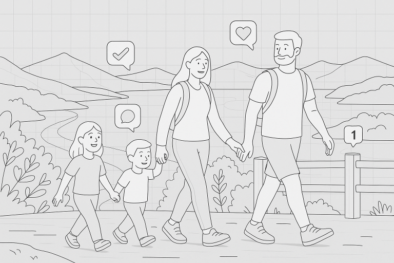 Illustration of Family on a walk in a Scenic viewpoint setting, with a relaxed mood.