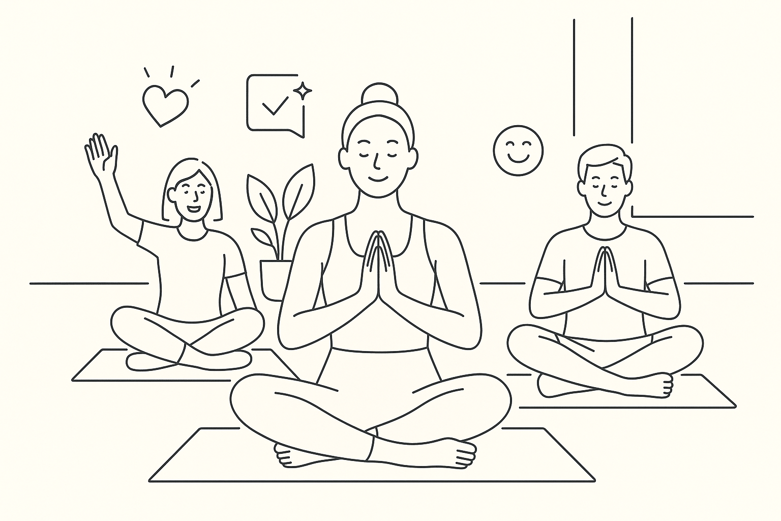 Illustration of Group fitness class in a Yoga studio setting, with a happy mood.