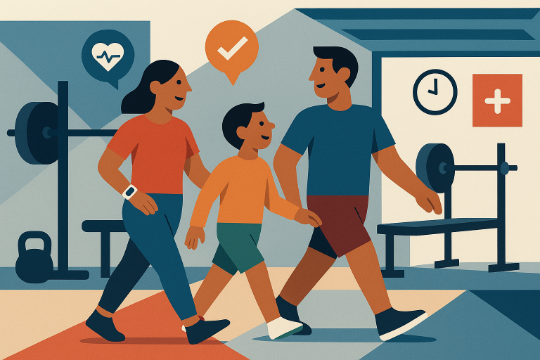 Illustration of Family on a walk in a Garage gym setup setting, with a inspired mood.