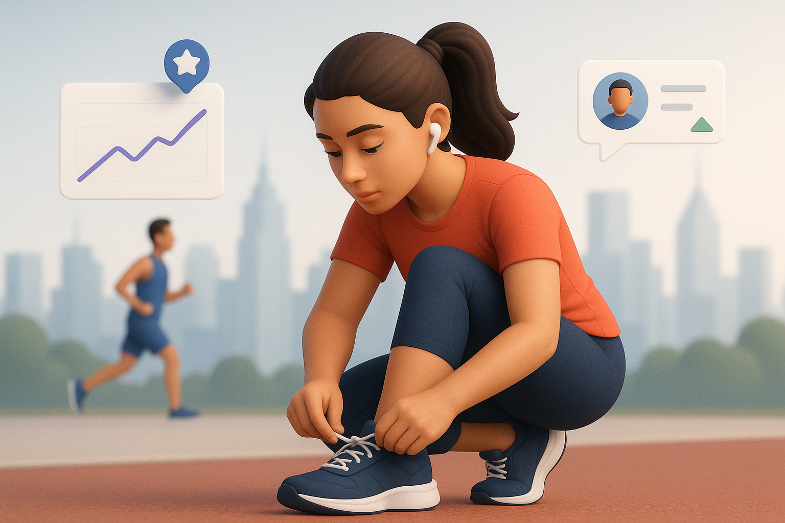 Illustration of Runner tying shoes in a Cityscape skyline setting, with a focused mood.