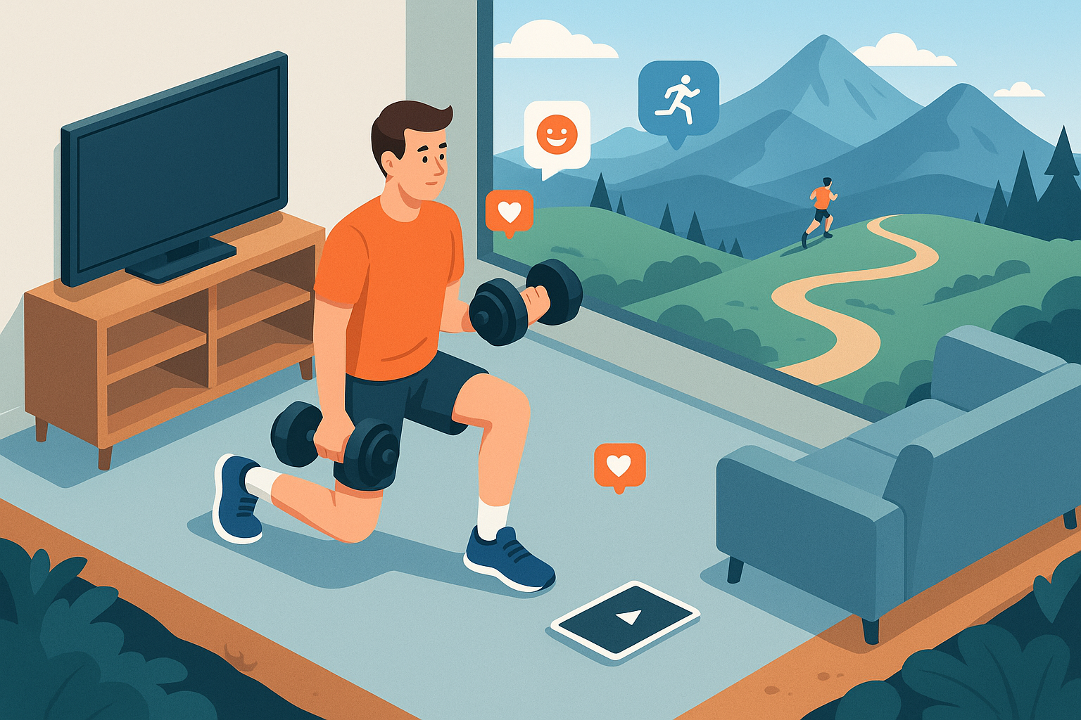 Illustration of Home workout with dumbbells in a Scenic viewpoint setting, with a determined mood.