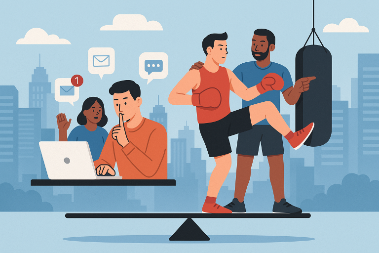 Illustration of Fitness coach guiding client in a Cityscape skyline setting, with a determined mood.