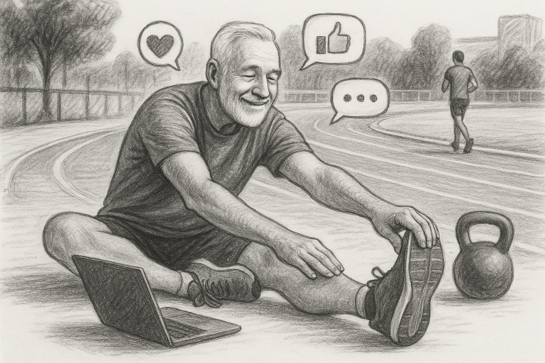 Illustration of Senior doing mobility exercise in a Urban running track setting, with a relaxed mood.