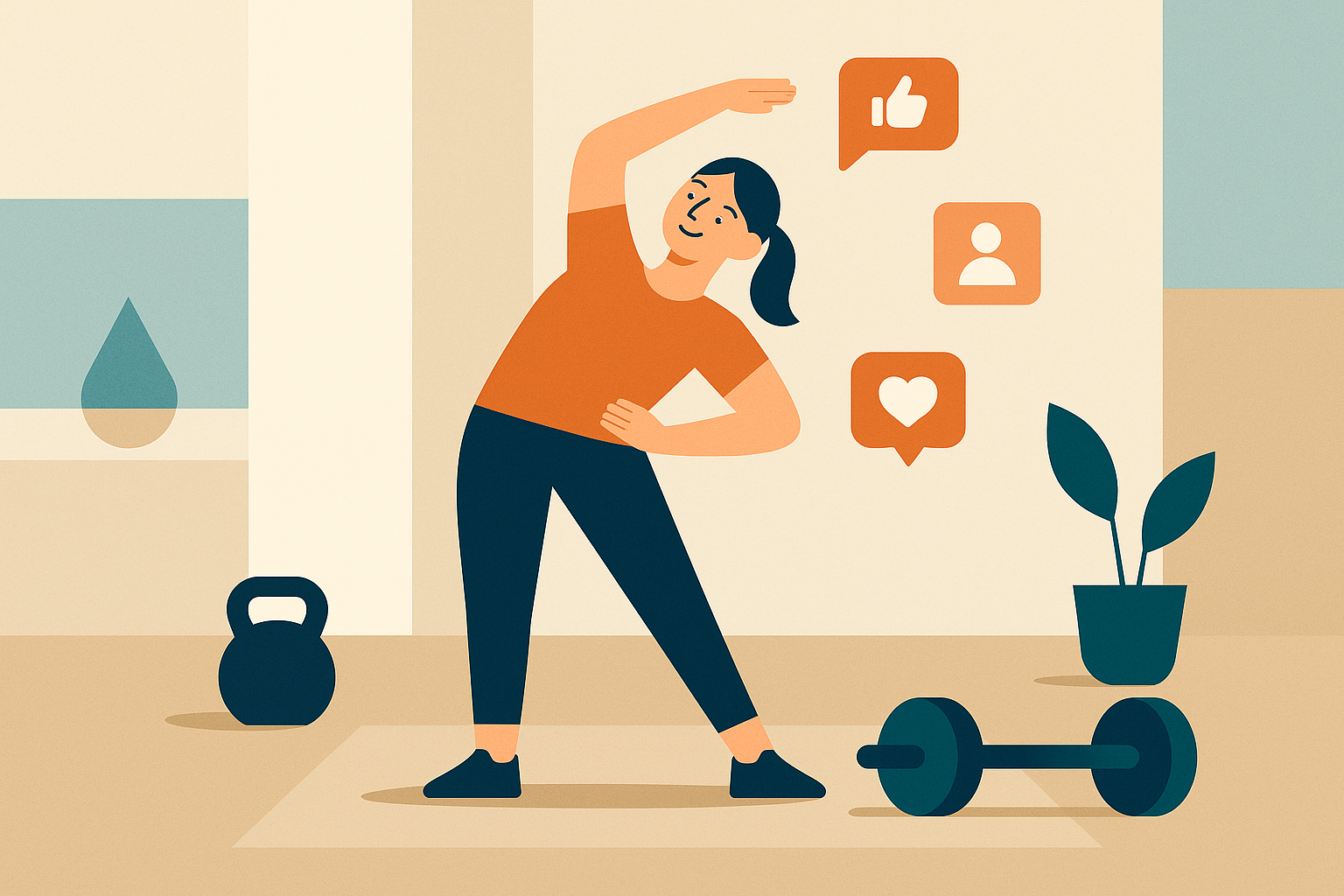 Illustration of Stretching before workout in a Minimalist home gym setting, with a inspired mood.