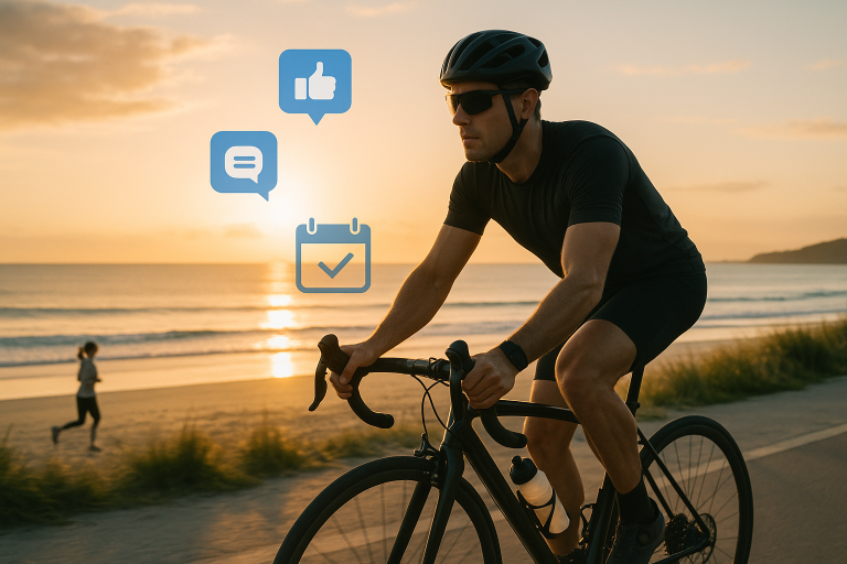 Illustration of Cyclist on a trail in a Beachfront sunrise setting, with a focused mood.