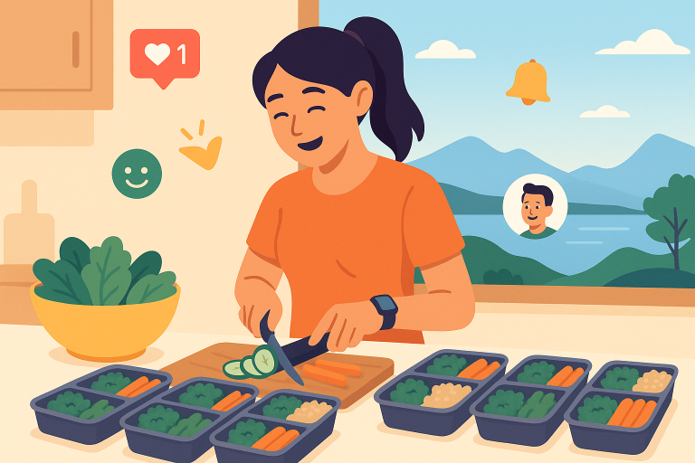 Illustration of Meal prep on kitchen counter in a Scenic viewpoint setting, with a happy mood.